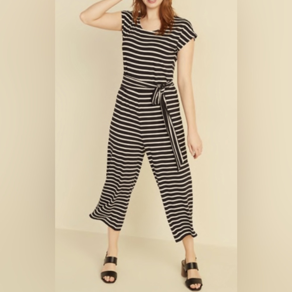 Dark Gray and Cream Striped cropped Jumpsuit